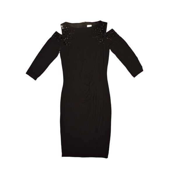 CACHE $188 Black 3/4 Sleeve Cold Shoulder Bodycon Dress Stud Accents Size 4 - Picture 1 of 3